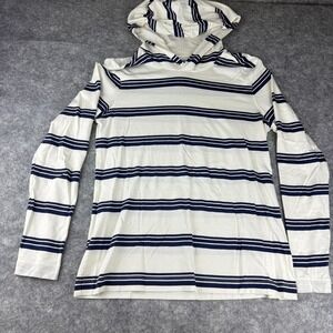 Lands' End Blue White Striped V-Neck Long Sleeve Hooded XS 2-4 100%‎ Cotton